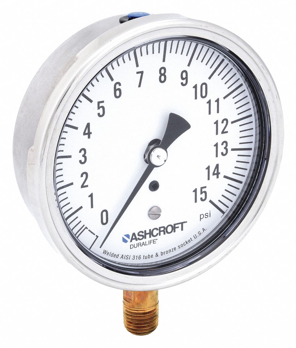 ASHCROFT, 0 to 15 psi, 3 1/2 in Dial, Industrial Pressure Gauge