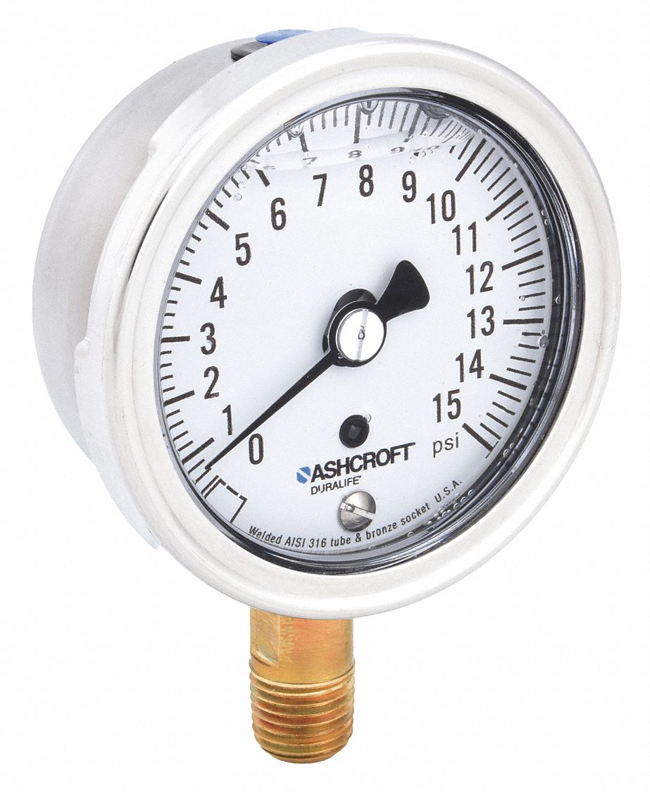 ASHCROFT Pressure Gauge, 0 to 15 psi Range, 1/4" NPT, ±1.50 Gauge