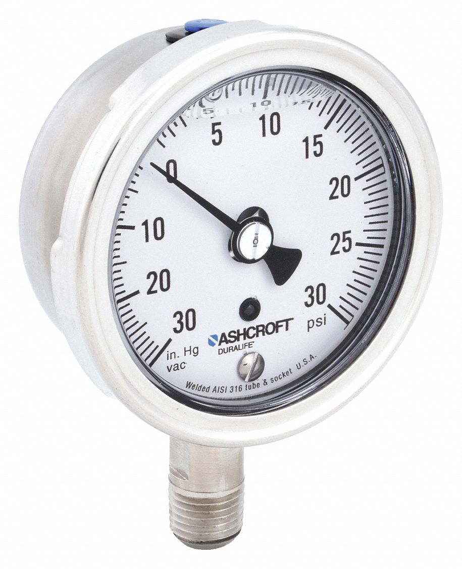 ASHCROFT, 30 to 0 to 30 in Hg/psi, 2 1/2 in Dial, Industrial Compound