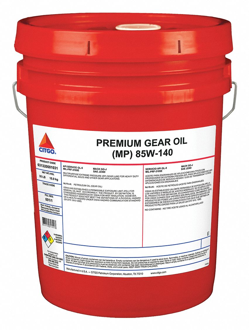 CITGO Gear Oil Mineral, SAE Grade 85W140, 5 gal, Pail 33ME39