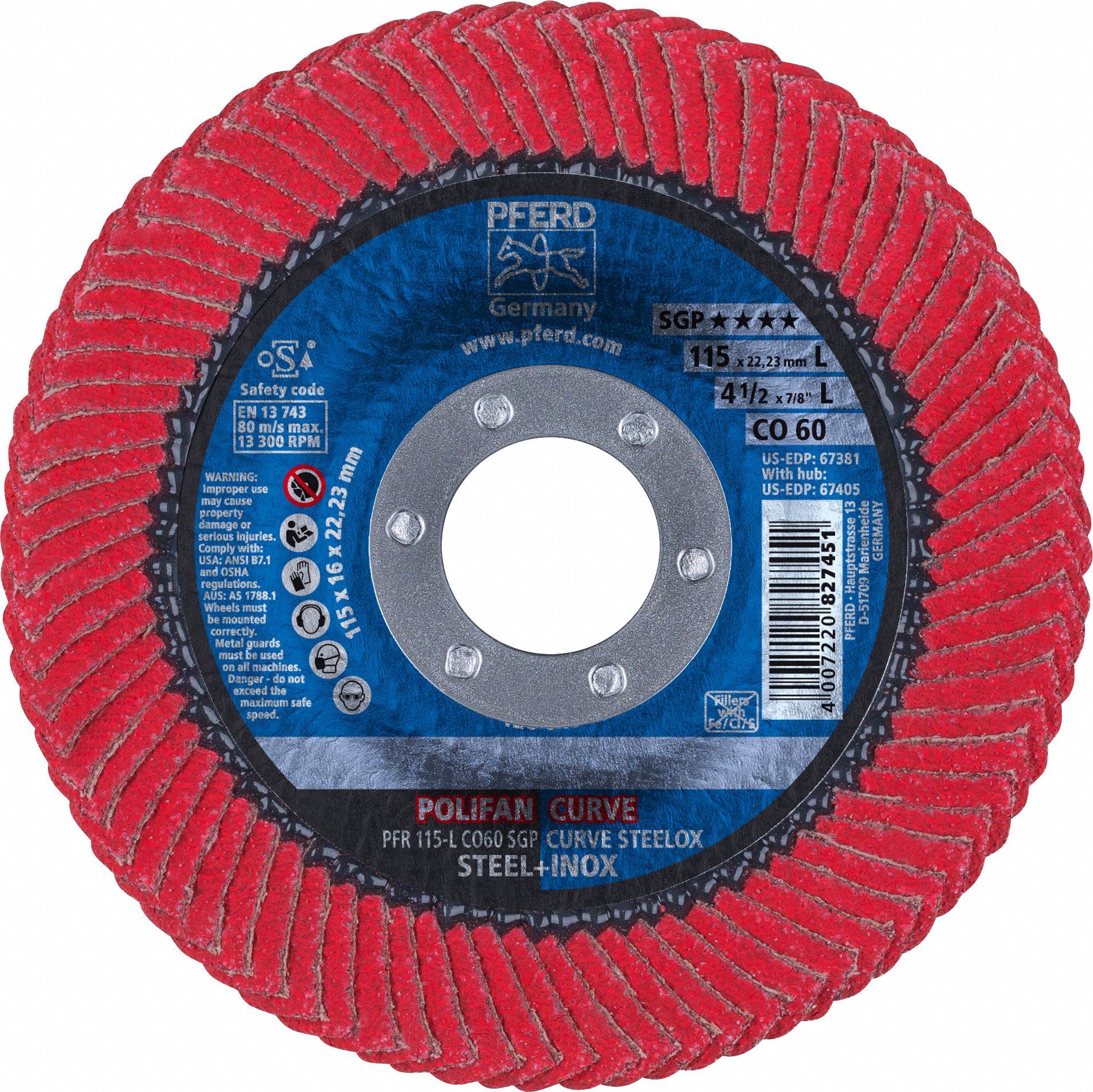 PFERD Radial, Flap Disc, Ceramic, 4 1/2 in Disc Diameter, 60 Abrasive