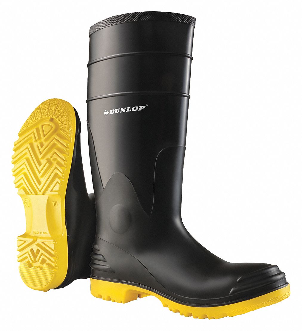 DUNLOP Rubber Boot, Men's, 13, Knee, Steel Toe Type, Polyblend, Steel, Black, 1 PR 9NMZ9