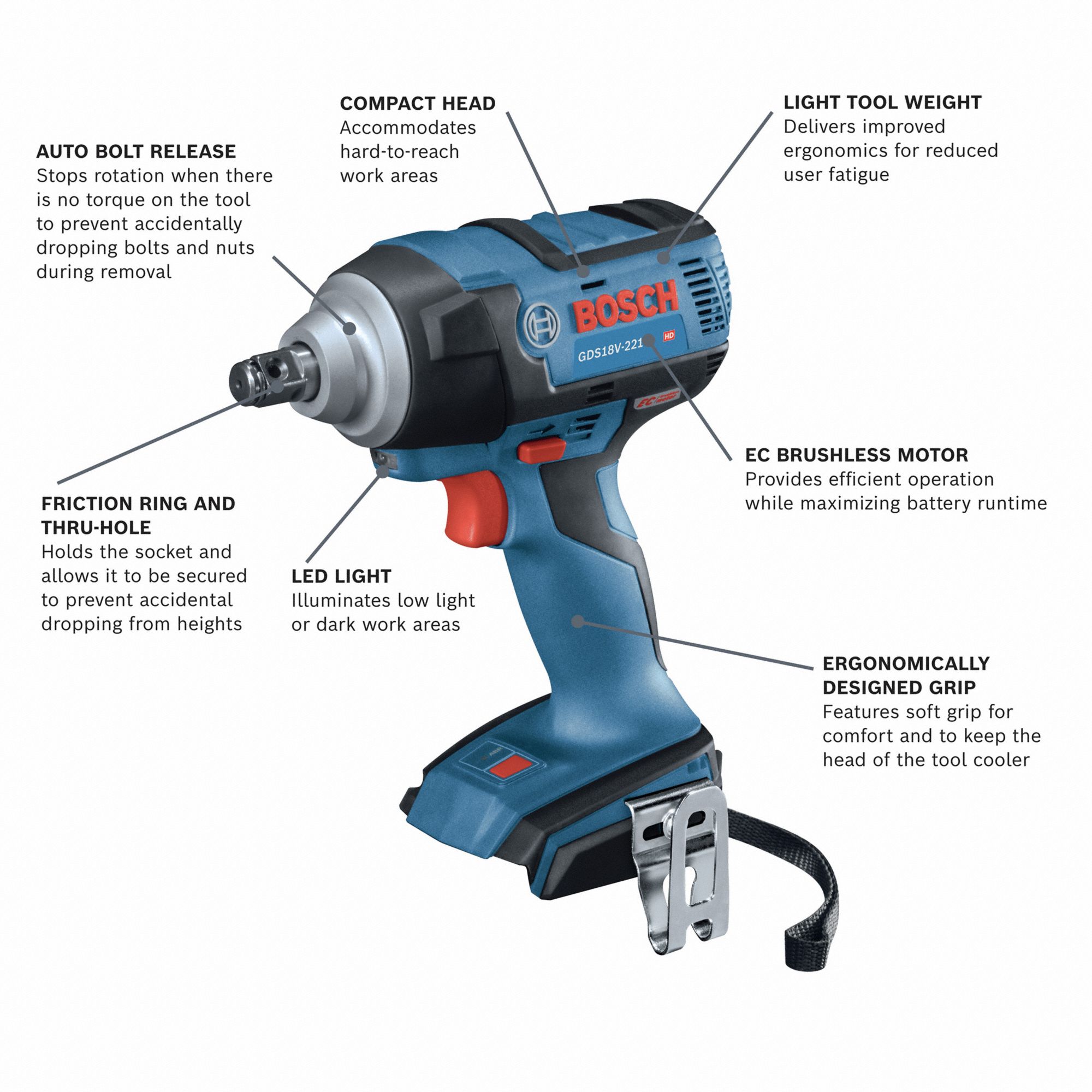 BOSCH Impact Wrench 1/2 in Square Drive Size, 221 ftlb Fastening Torque, Brushless Motor, (1