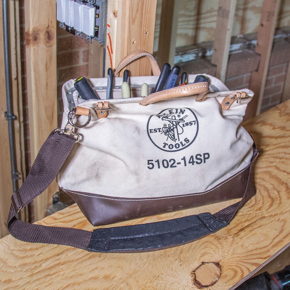 KLEIN TOOLS Tool Bag Canvas, 10 Pockets, 14 in Overall Wd, 6 in