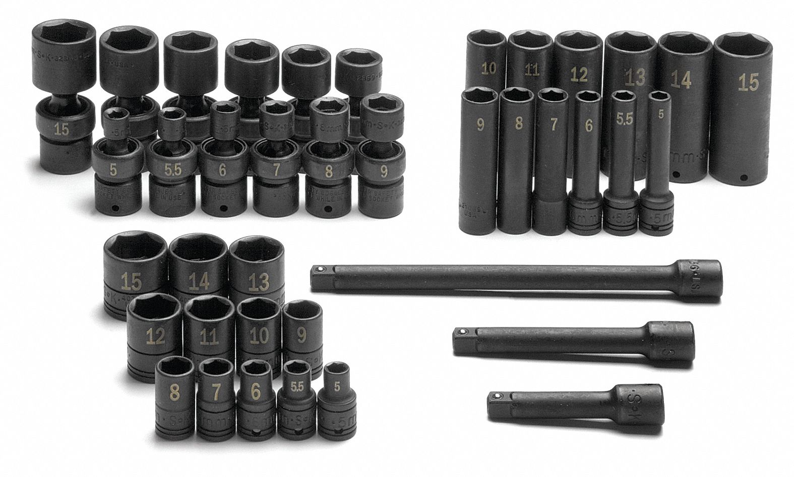SK PROFESSIONAL TOOLS Impact Socket Set, Alloy Steel, Black Oxide, 1/4