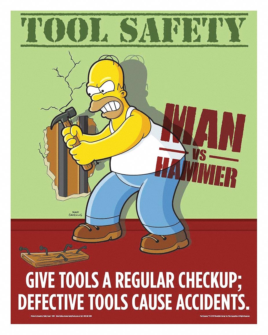 Simpsons Safety Poster, Safety Banner Legend Tool Safety Man Vs Hammer, 22 in x