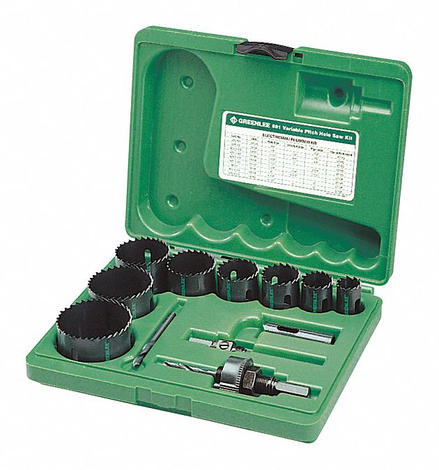 GREENLEE, 12 Pieces, 3/4 in to 2 1/2 in Saw Size Range, Hole Saw Kit