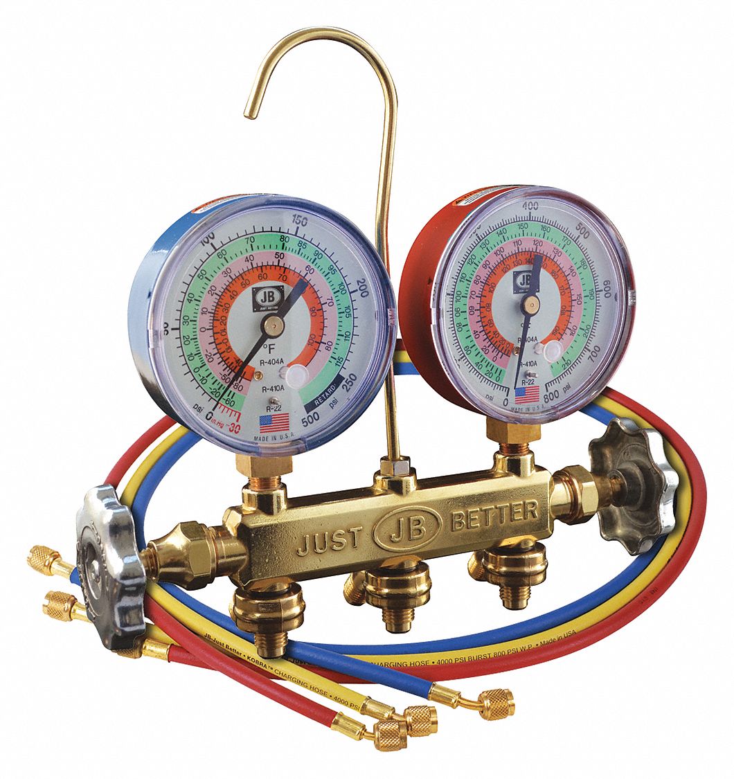 JB INDUSTRIES Charging Manifold 2 Valves, R22/R404/R410A, 3 Hoses, 1/4 in Vacuum Port Size