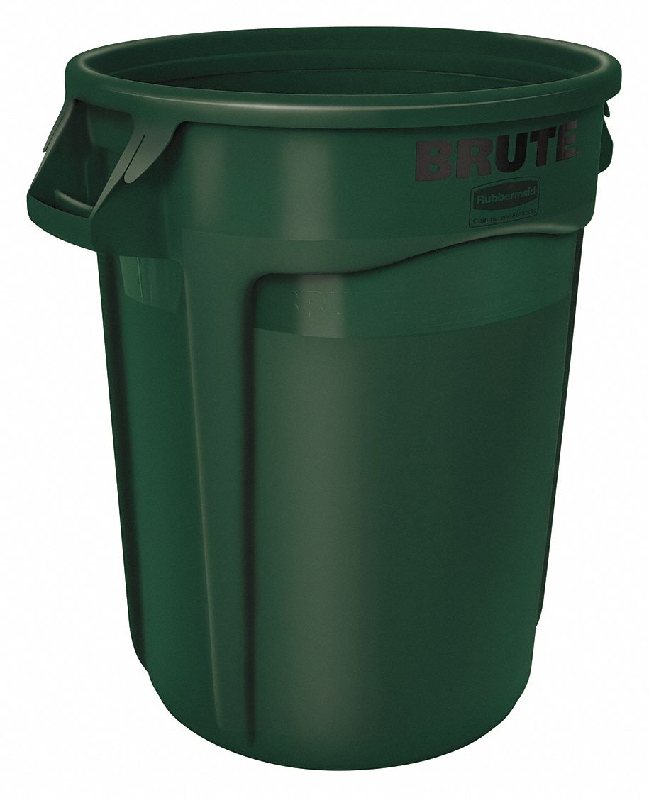 RUBBERMAID COMMERCIAL PRODUCTS 32 gal Round Trash Can, Plastic, Green