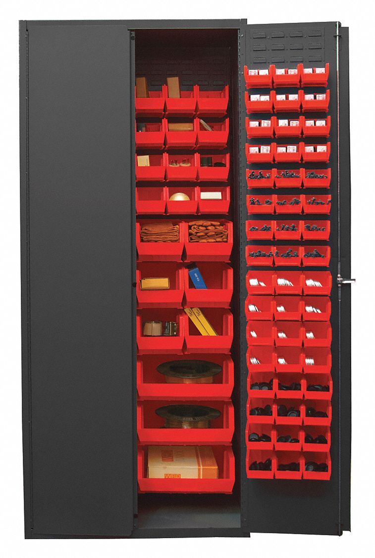 DURHAM MFG Bin 36 in x 24 in 84 in, 0 Shelves, 138 Bins, Red, Flush, 16 ga Panel, Gray