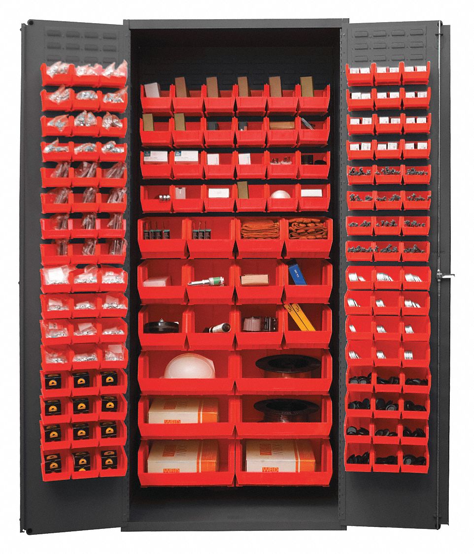 DURHAM MFG Bin 36 in x 24 in 84 in, 0 Shelves, 138 Bins, Red, Flush, 14 ga Panel, Gray