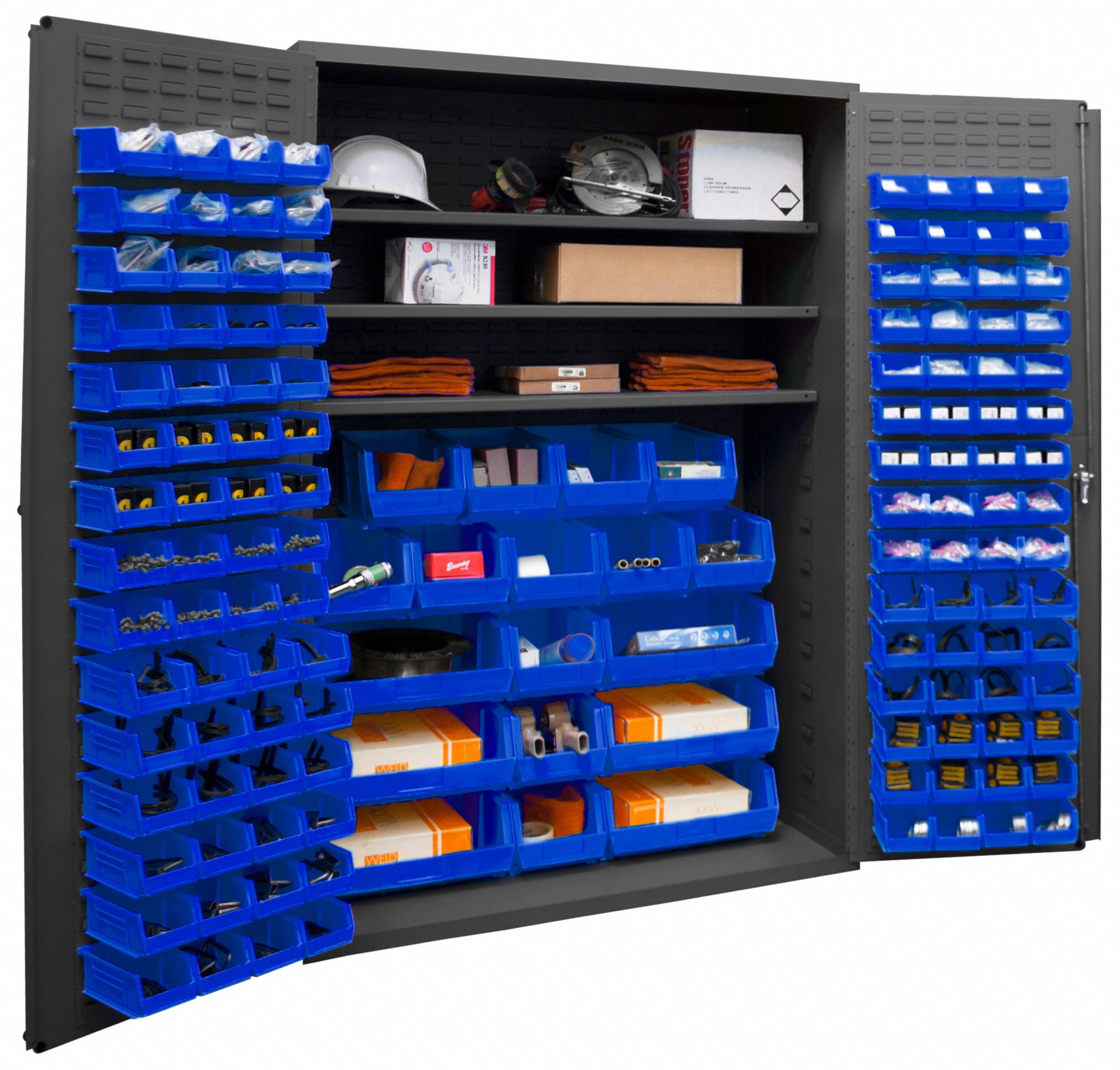 DURHAM MFG Bin 48 in x 24 in 72 in, 3 Shelves, 138 Bins, Blue, Flush, 14 ga Panel, Gray