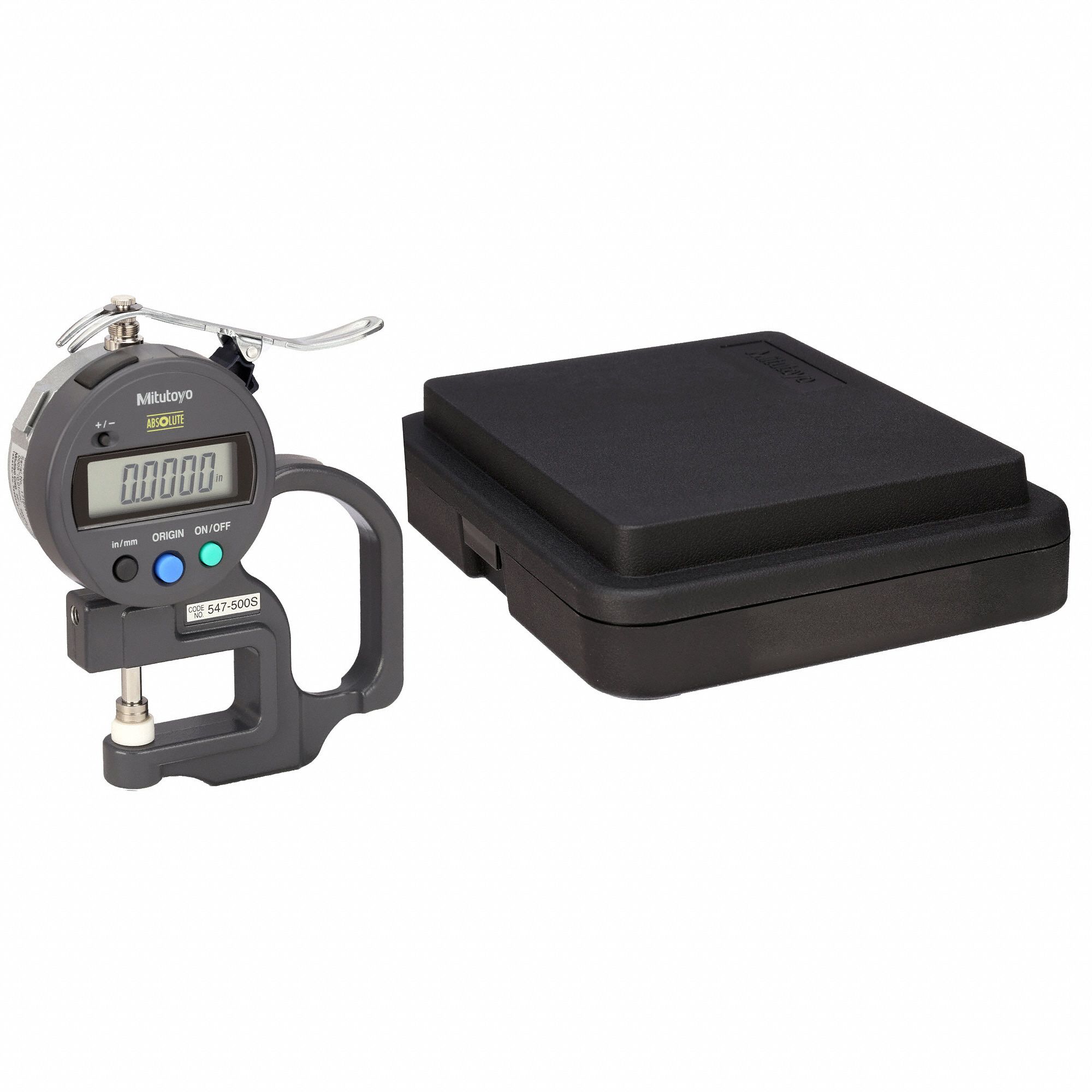 MITUTOYO Digital Thickness Gauge, Range 0 in to 1/2 in, 0 mm to 12 mm