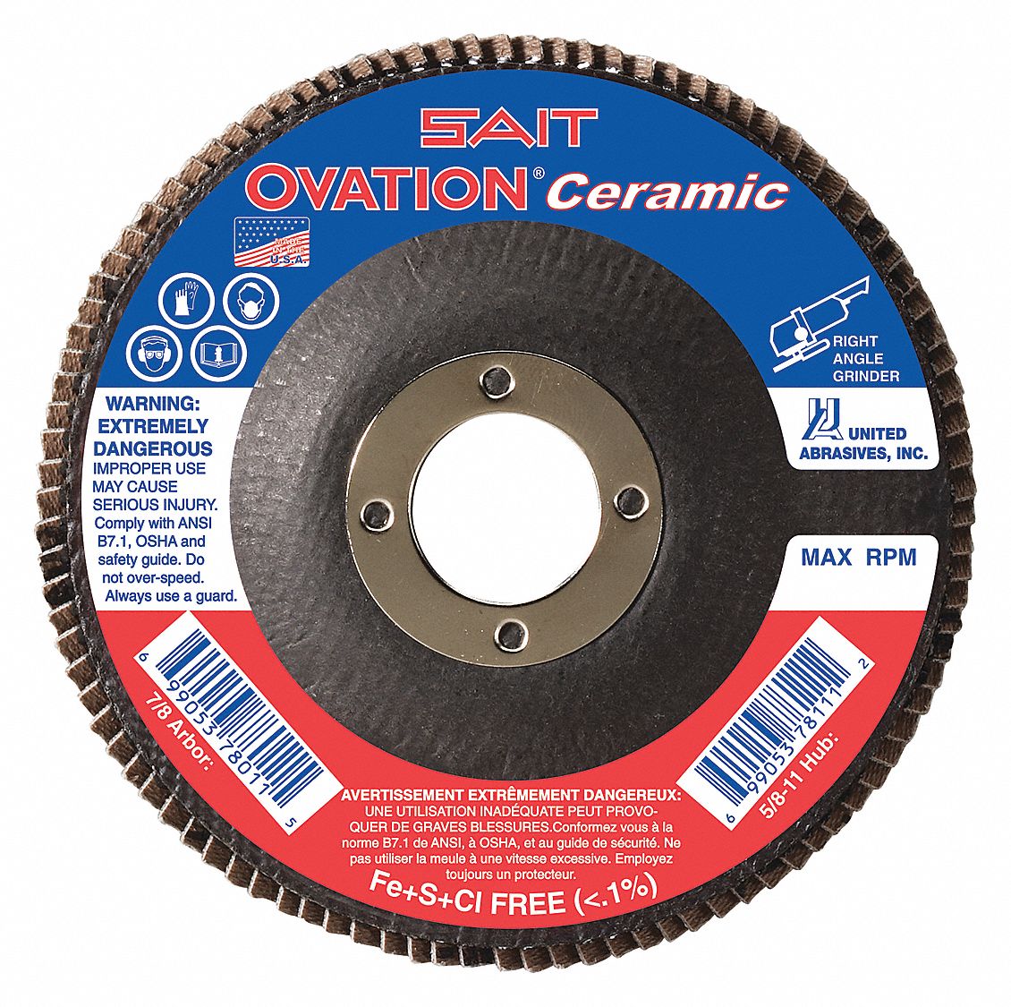 UNITED ABRASIVESSAIT Flap Disc, 36 Grit, 7/8 in., Ovation 36RD5478260 Grainger