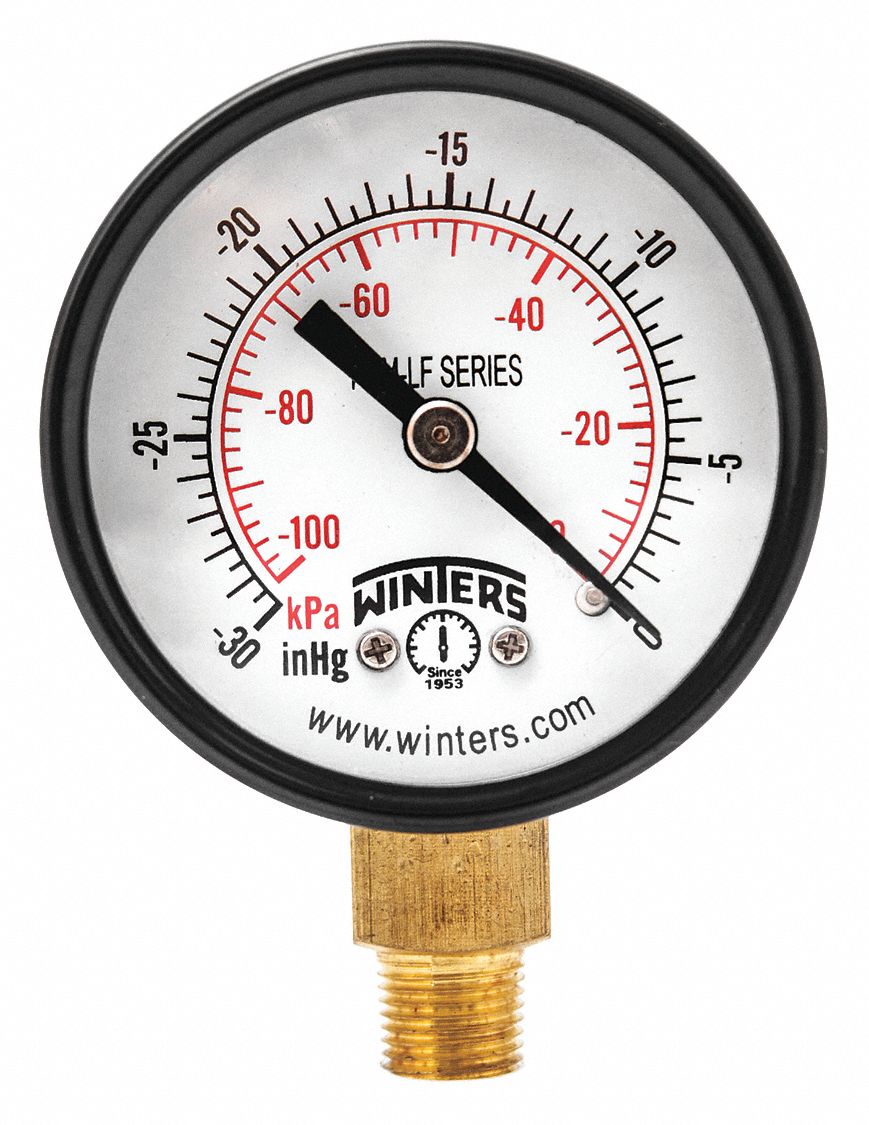 WINTERS Vacuum Gauge, 30 in Hg Vac to 0 Range, 1/8 in NPT, +/323