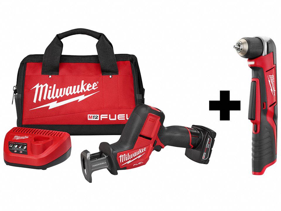 MILWAUKEE, 12 V Volt, 2 Tools, HACKZALL Kit and Right Angle Drill