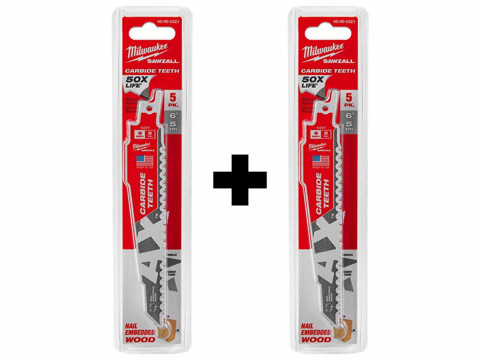 MILWAUKEE, 5 Teeth per Inch, 6 in Blade Lg, Carbide SAWZALL Blades 377PG448005521, 4800
