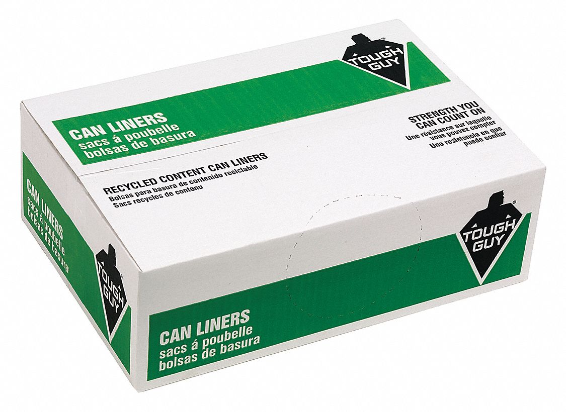 TOUGH GUY Recycled Material Trash Bag, 45 gal, LLDPE, Coreless Roll, Black, PK 100 38EU75