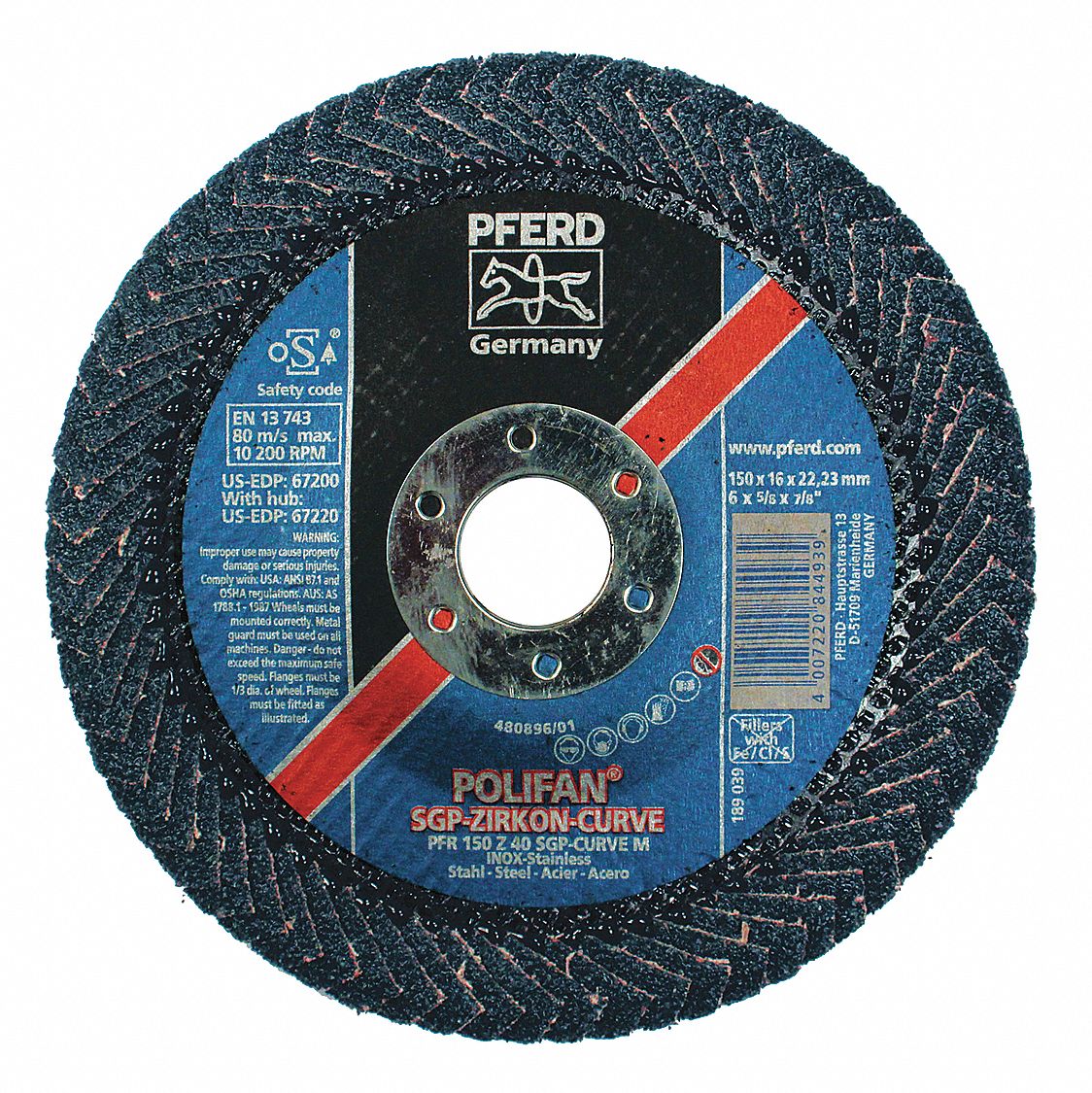 PFERD Radial, Flap Disc, Zirconia Alumina, 7 in Disc Diameter, 40