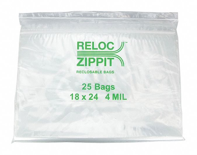 RELOC ZIPPIT Reclosable Poly Bag 4 mil Thick, 18 in Wd, 24 in Lg, Flat