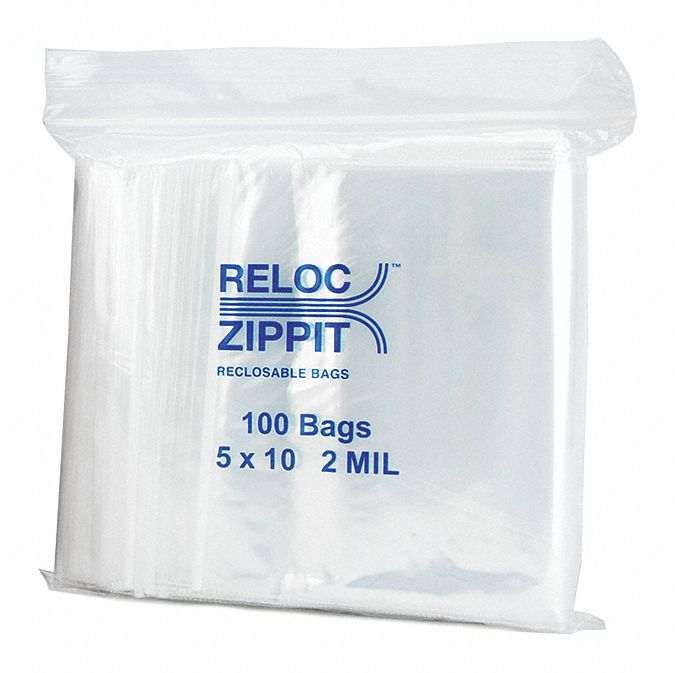RELOC ZIPPIT Reclosable Poly Bag 2 mil Thick, 5 in Wd, 10 in Lg, Flat