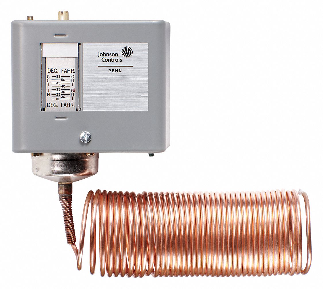 JOHNSON CONTROLS, 35° to 80°F, Steel, Line Volt Mechanical Tstat