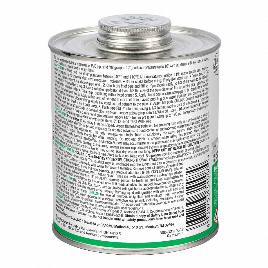 OATEY PVC Cement Heavy Bodied, 32 oz Size, Clear, For Use With PVC