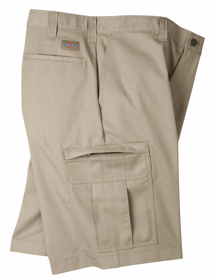 DICKIES Khaki Cargo Shorts, Poly/Cotton Twill, Fits Waist Size 40 in