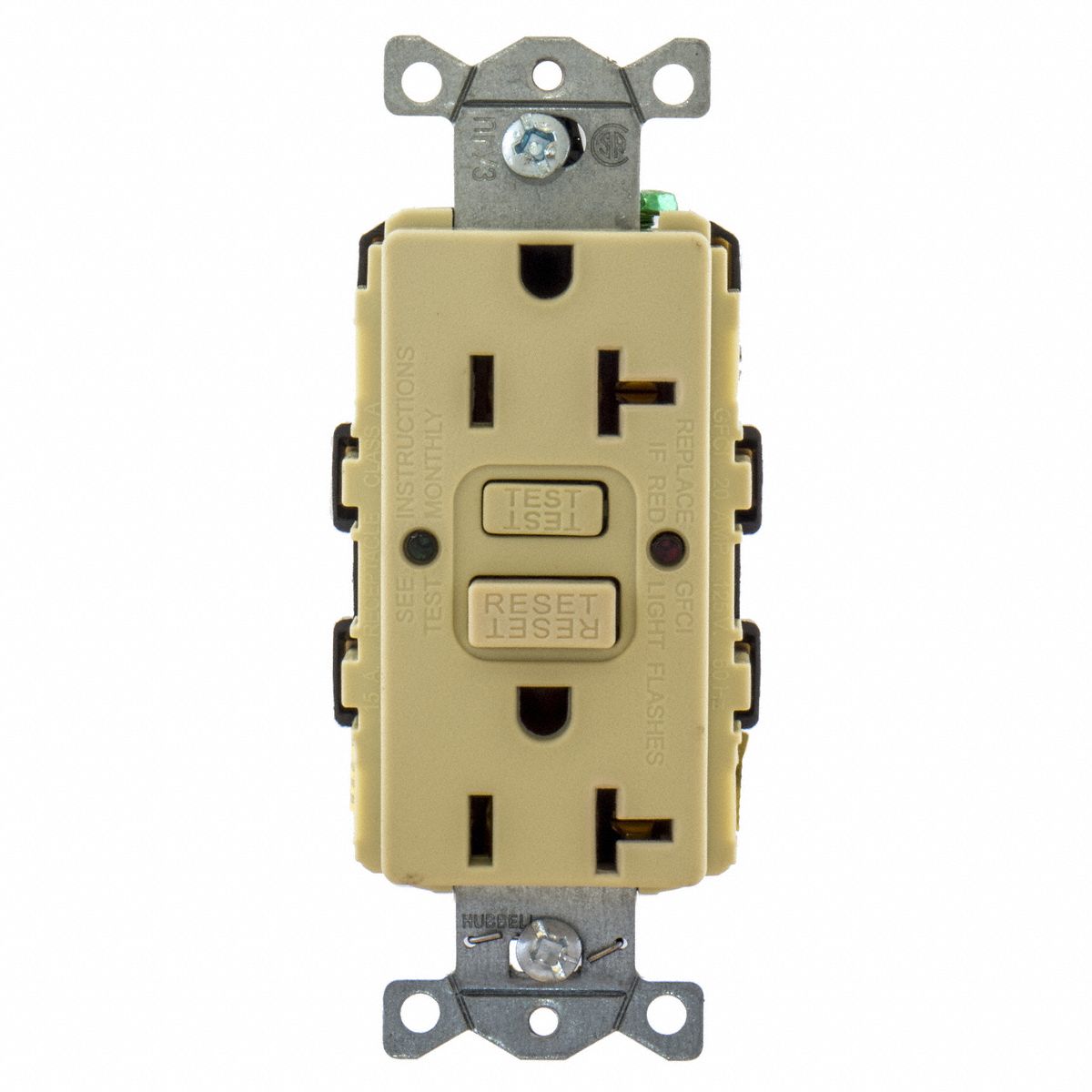 HUBBELL WIRING DEVICEKELLEMS GFCI Receptacle 20 A Amps Plugs and Receptacles, 520R, Ivory