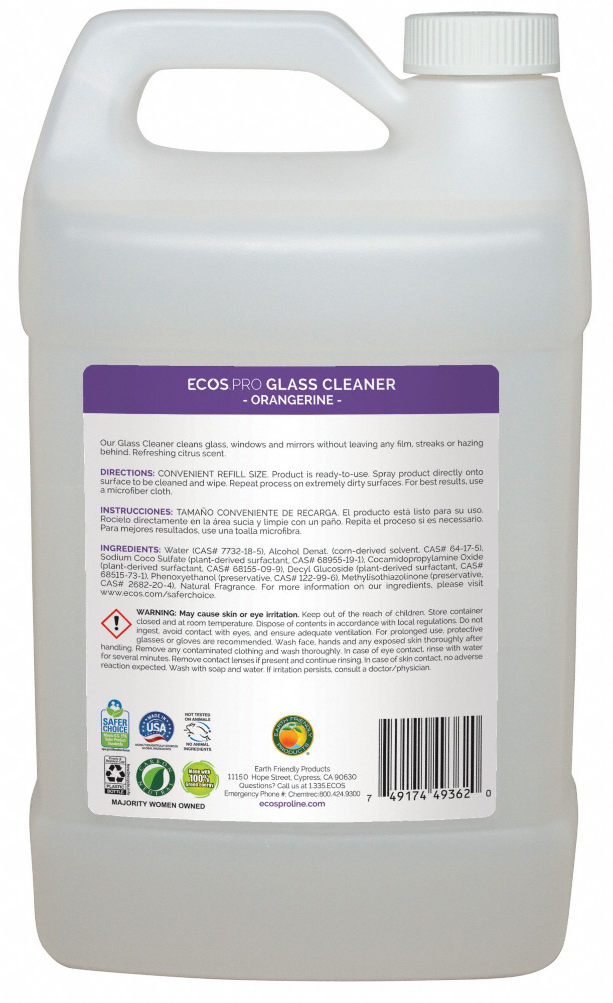 ECOS PRO Glass Cleaner Liquid, Jug, 1 gal, Ammonia Free, Orangerine