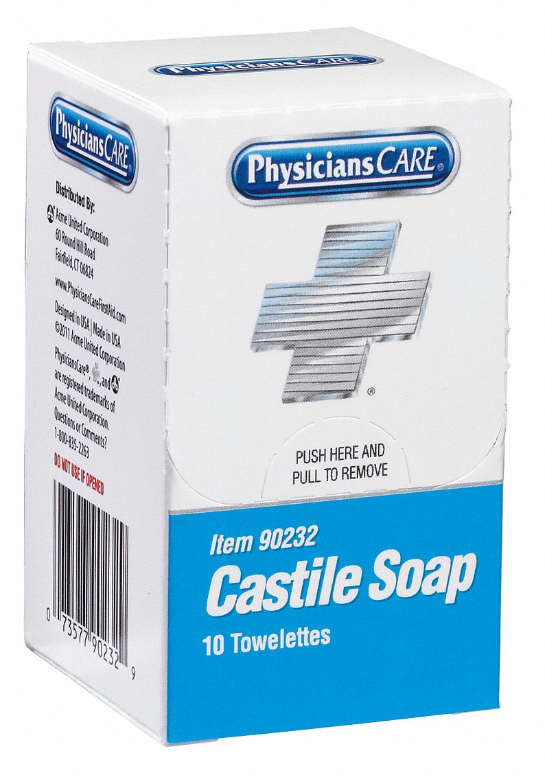 Castile Soap Towelettes, Wipes, Box, Wrapped Packets, 3 x 17/8", PK 10