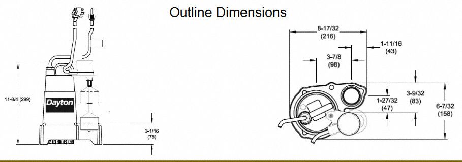 DAYTON Submersible Sump Pump: 1/3, Vertical Float, 57 gpm Flow Rate