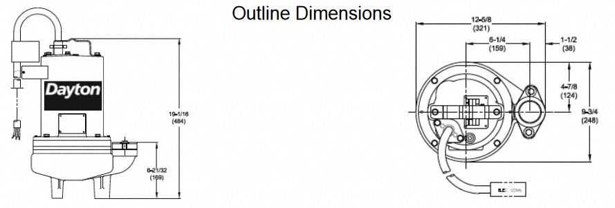 DAYTON Sewage Ejector Pump: 2, 220V AC, No Switch Included, 2 in Max