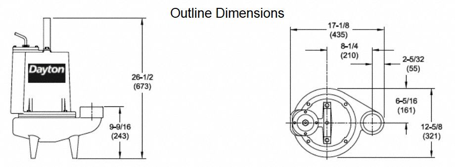 DAYTON Sewage Ejector Pump: 3, 240 to 480V AC, No Switch Included, 2 1/