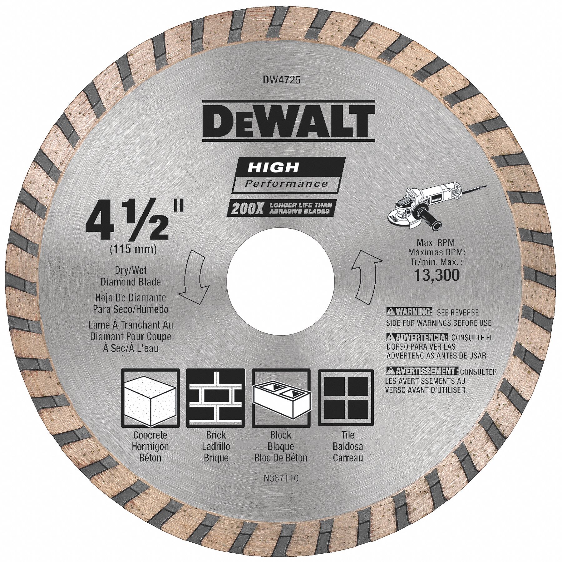 DEWALT, 4 1/2 in Blade Dia., 7/8 in Arbor Size, Diamond Saw Blade