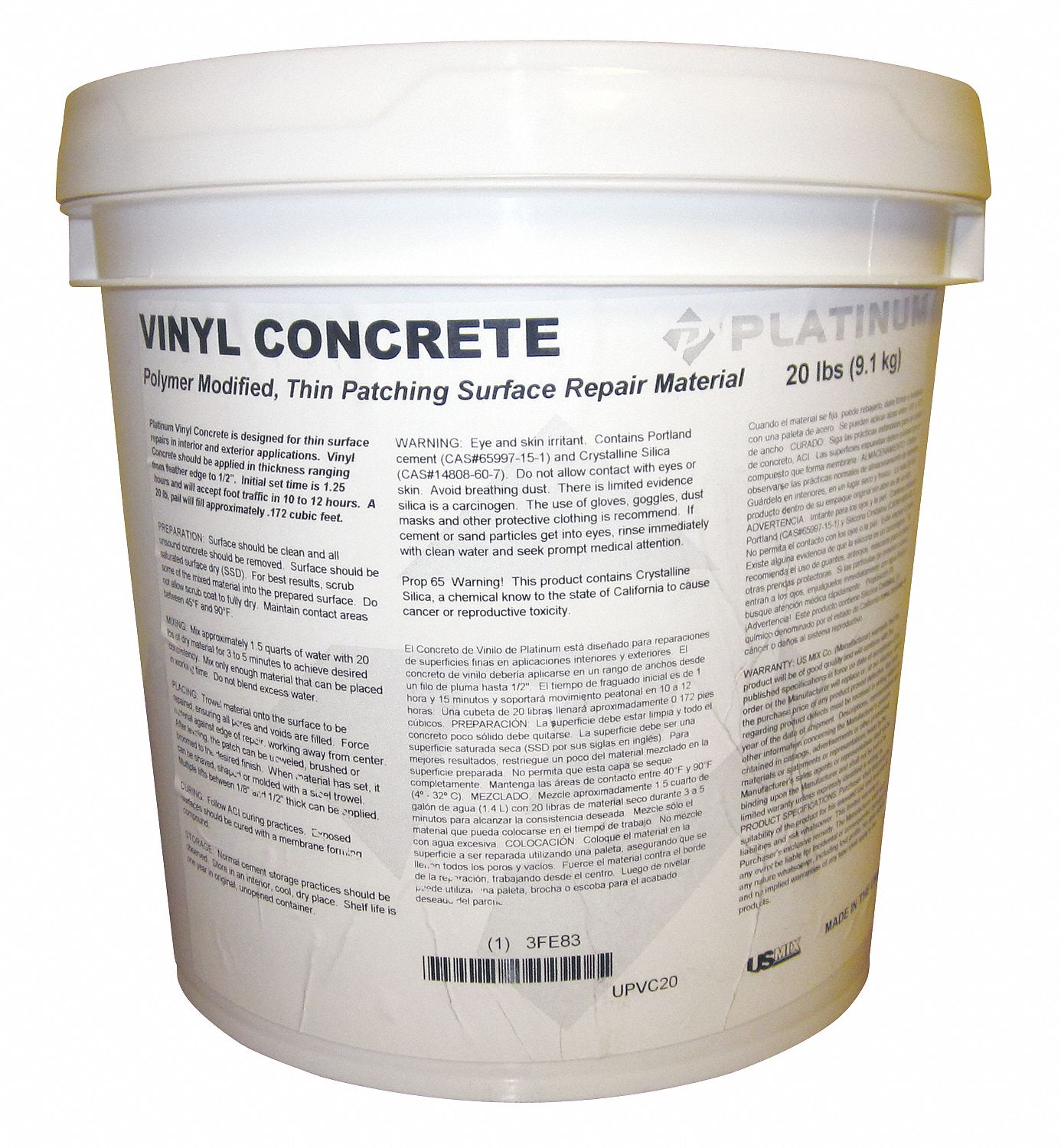 Gray Vinyl Concrete Patch, 20 lb Pail, Coverage 0.17 cu ft Grainger