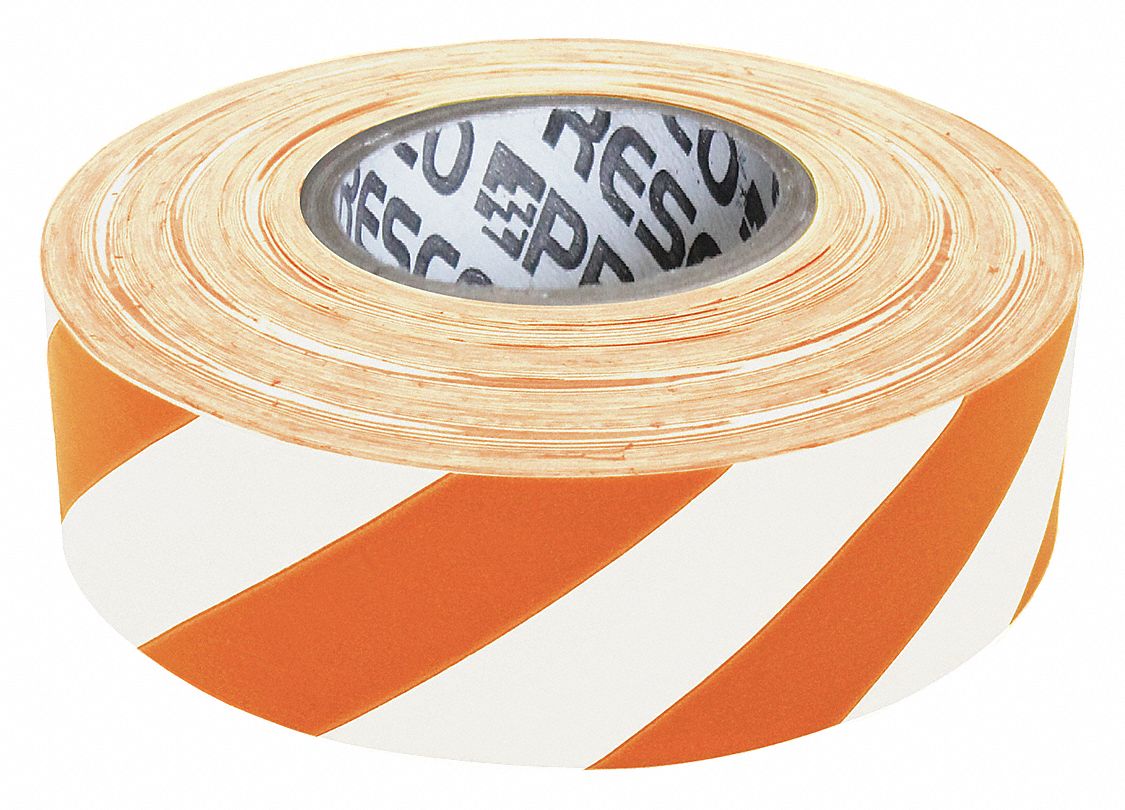Flagging Tape, White/Orange, 1 3/8 in x 300 ft, Diagonal Stripes Grainger