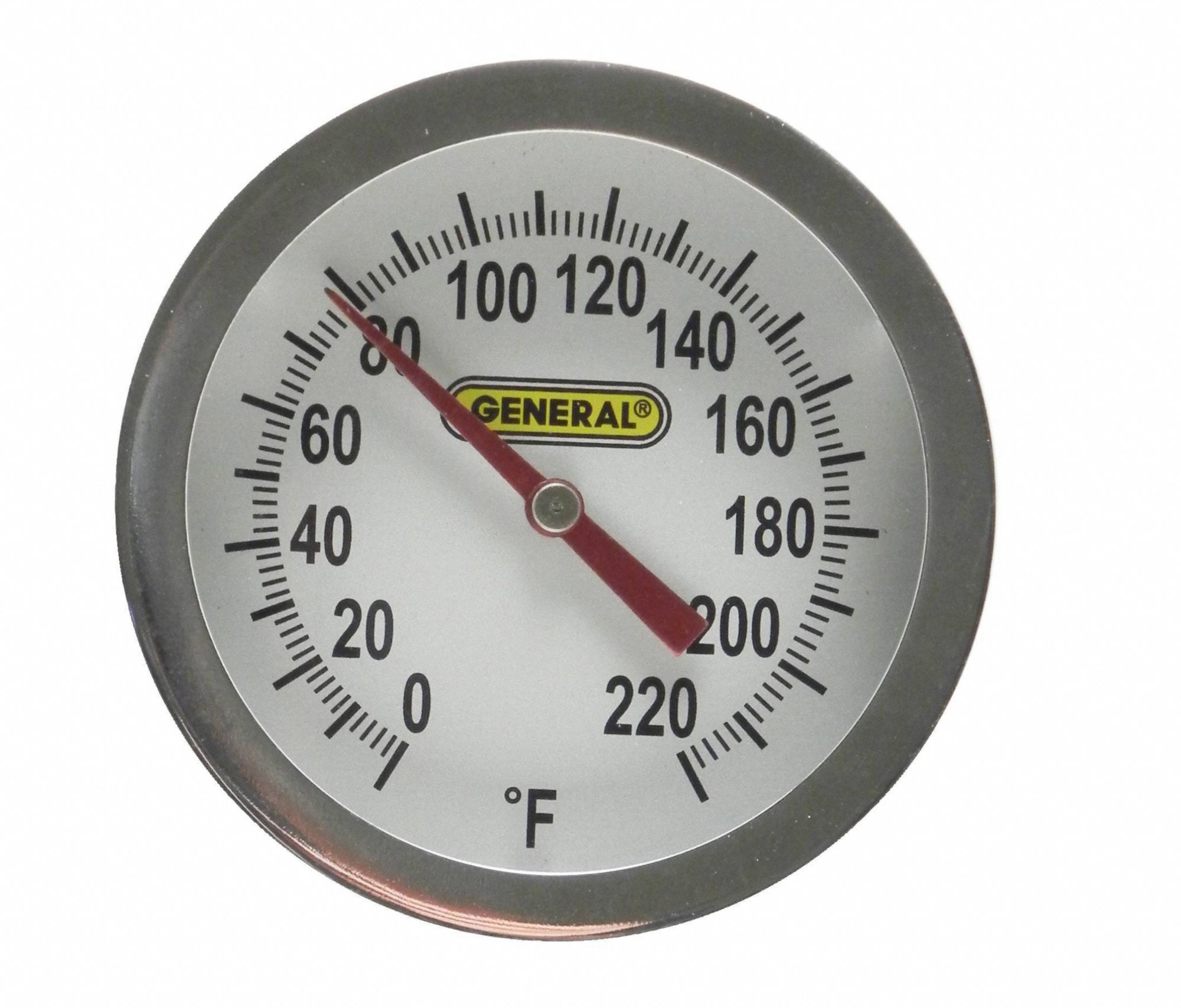 GENERAL Analog Dial Thermometer Back, 0° to 200°F, 8 in Stem Lg, 2 in