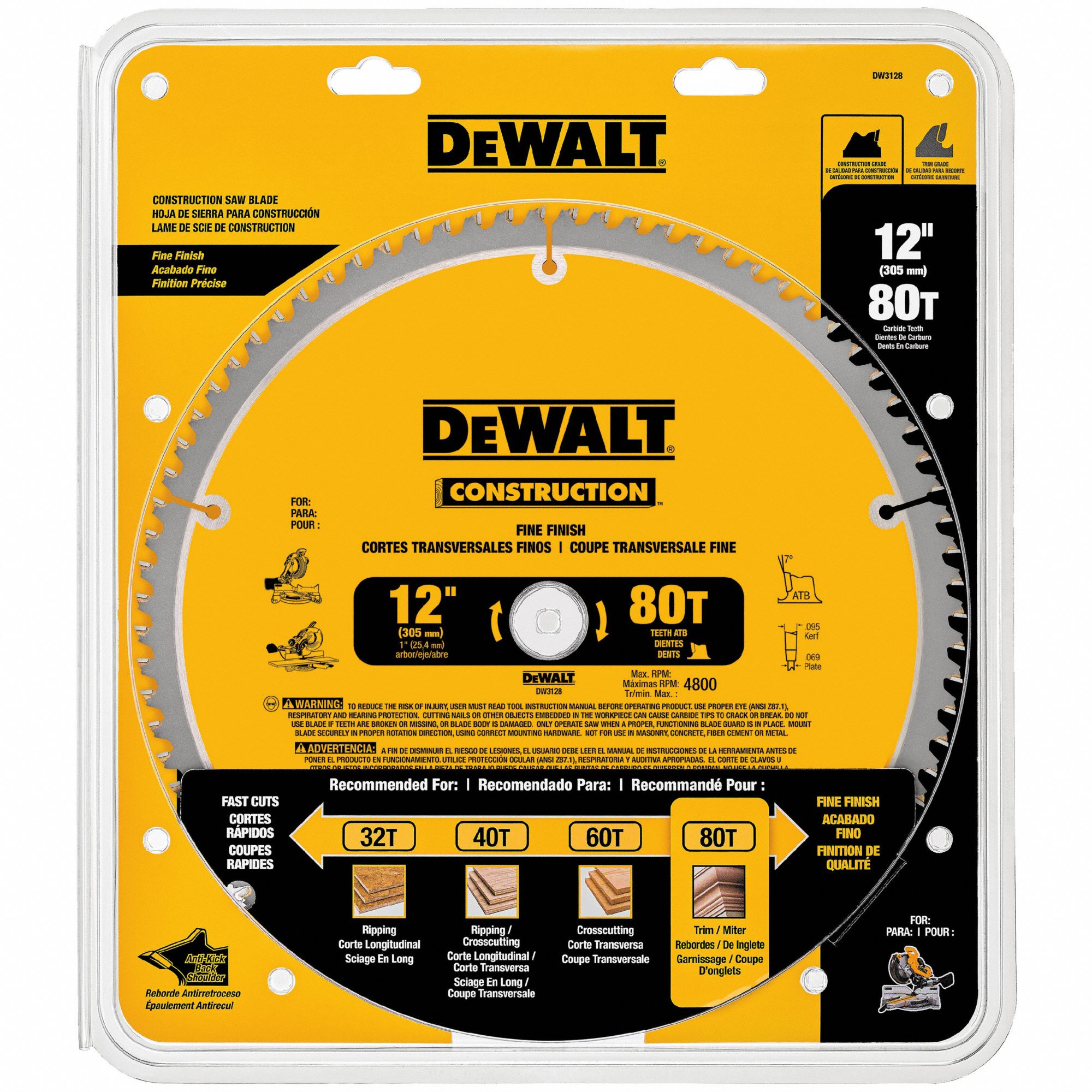 DEWALT Circular Saw Blade 12 in Blade Dia., 80 Teeth, 0.095 in Cut Wd