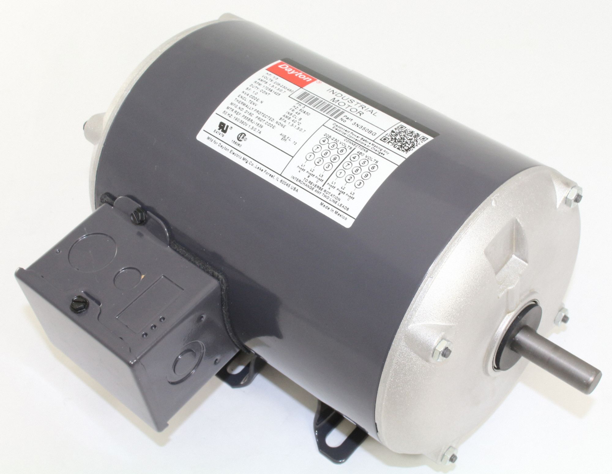 DAYTON General Purpose Motor, 1/3 HP, 3Phase, Nameplate RPM 1,725