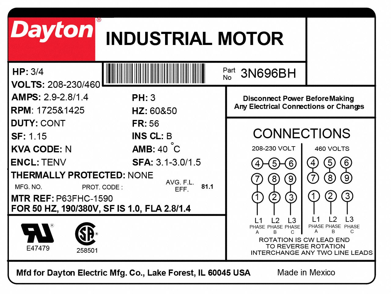 DAYTON General Purpose Motor: Totally Enclosed Nonventilated, Rigid