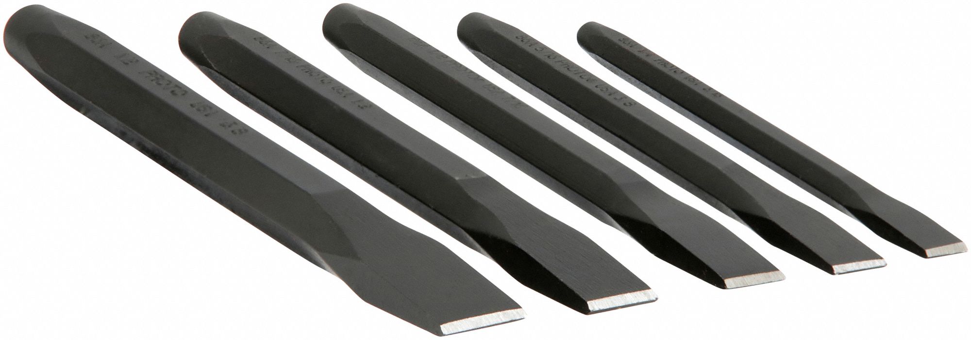 Steel, 5/16 in_3/8 in_7/16 in_1/2 in_5/8 in Blade Wd, Cold Chisel Set