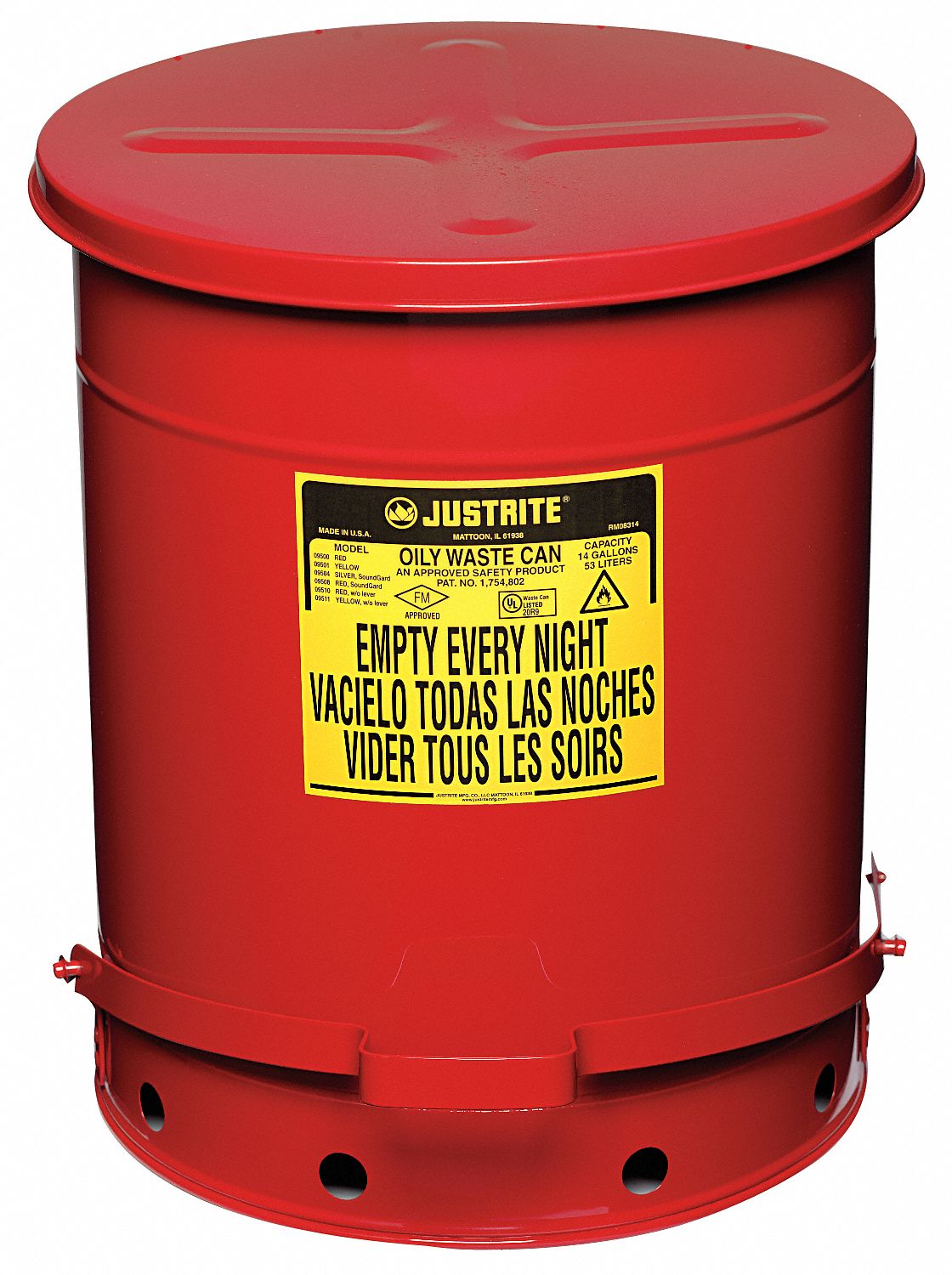 JUSTRITE Floor Oily Waste Can, 14 gal, Galvanized Steel, Red, Foot