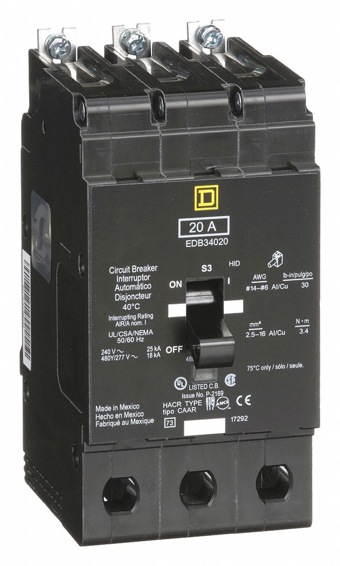 SQUARE D Bolt On Circuit Breaker, 20 Amps, Number of Poles 3, 277