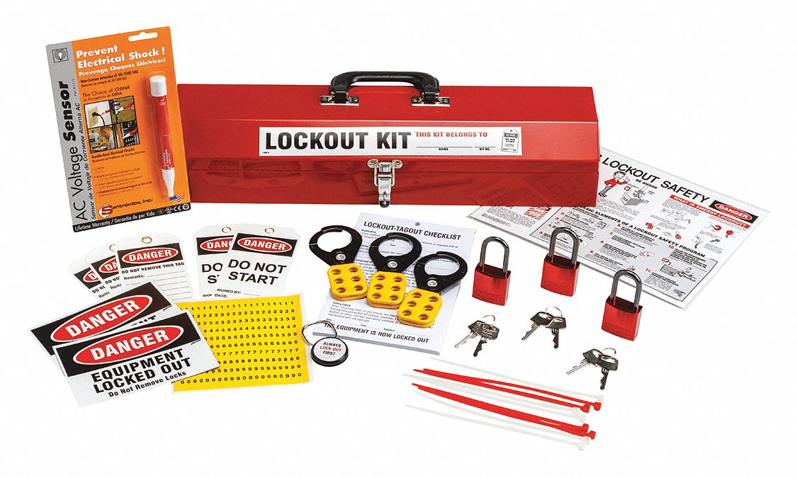 BRADY Portable Lockout Kit, Filled, General Lockout, Tool Box, Red
