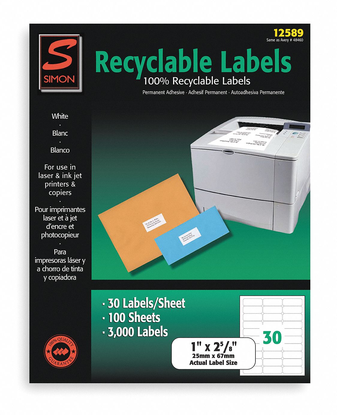 Laser/InkJet Printer Label, Color White, PK 100 Grainger