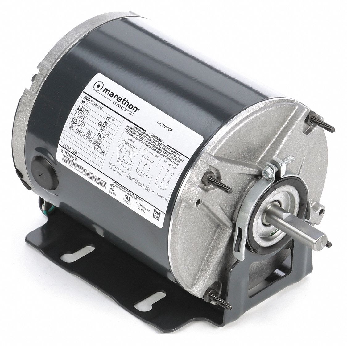 MARATHON MOTORS Belt Drive Motor, 1/3 HP, 3Phase, Nameplate RPM 1,725