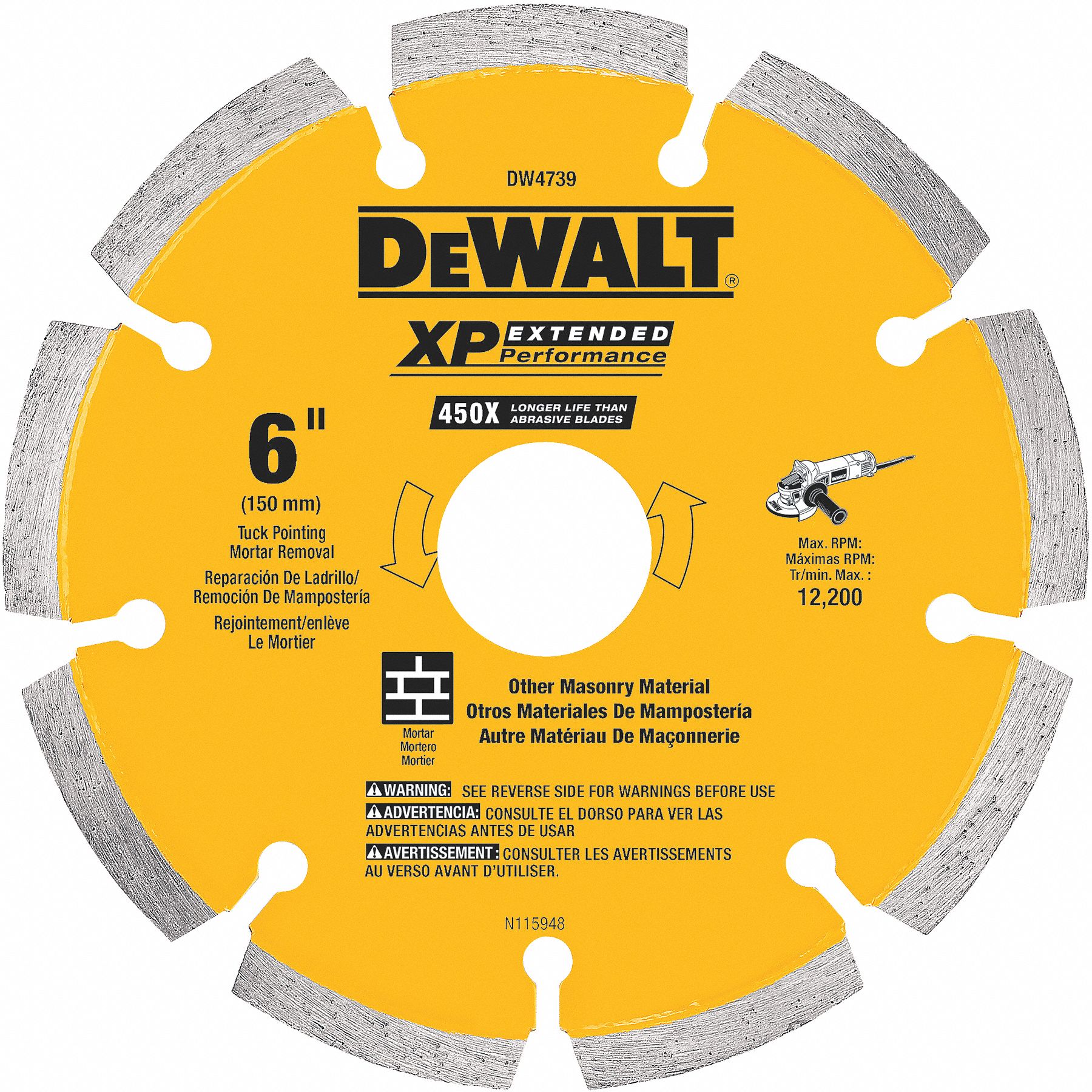 DEWALT Angle Grinders, Diamond Saw Blade, 6 in Blade Dia., 5/8 in Arbor