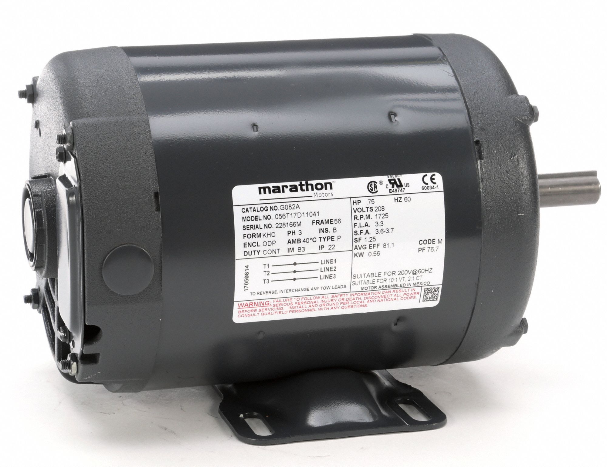 MARATHON MOTORS General Purpose Motor, 3/4 HP, 3Phase, Nameplate RPM