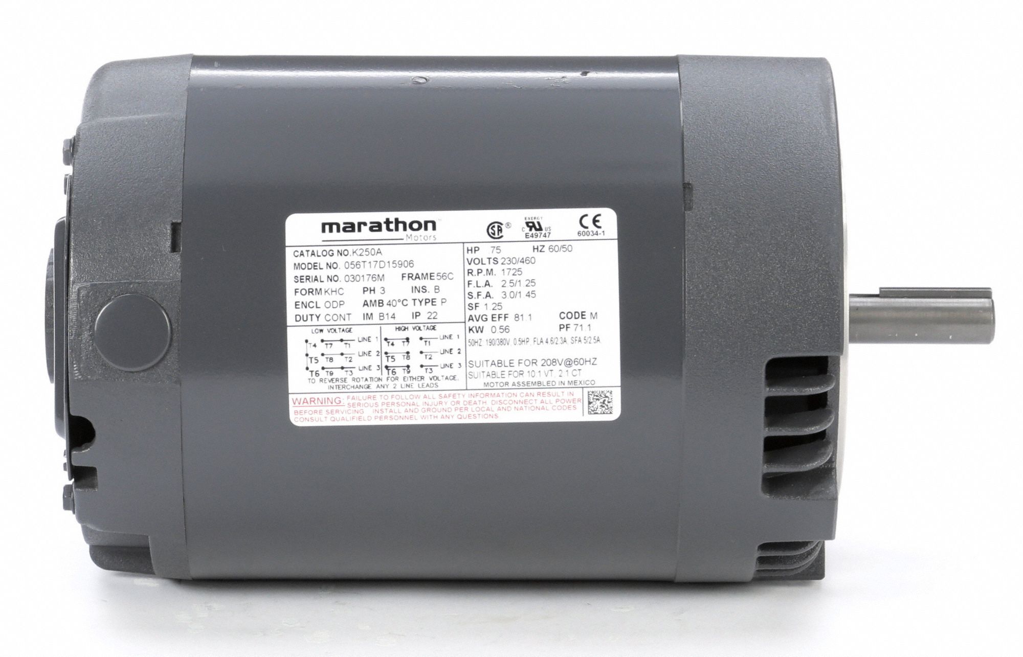 MARATHON MOTORS General Purpose Motor, 3/4 HP, 3Phase, Nameplate RPM